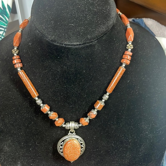 Jewelry - Vintage Summer necklace, sparkly brown Medallion, Pendant, Large & Small Beads